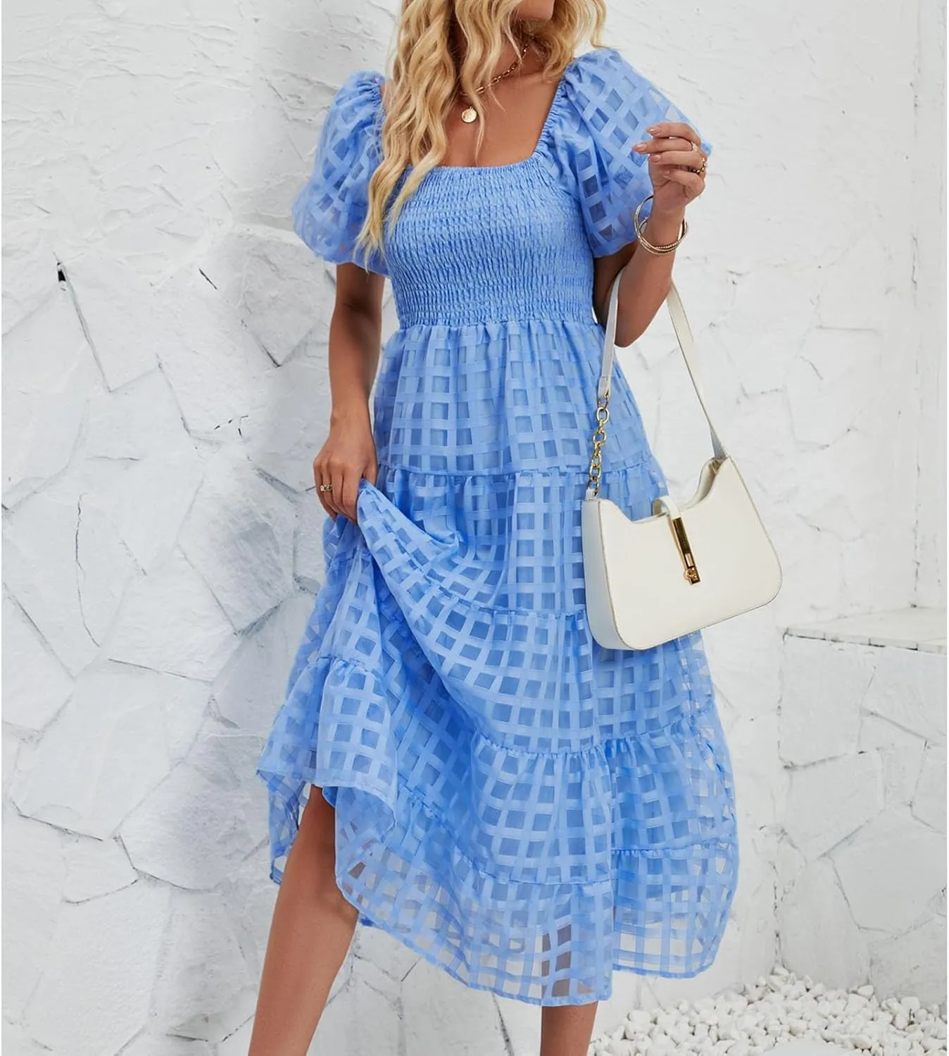 Maxi Dress for Women 2025 Spring Summer Solid Puff Sleeve Dresses Sexy Elegant A-Line Beach Sundresses