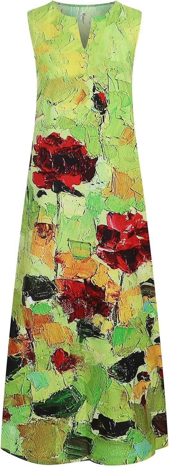Maxi Dress for Women Boho Floral Print Sleeveless Dresses Summer Casual Bohemian V Neck Elegant Dress with Pockets