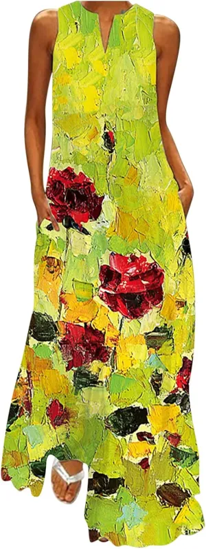 Maxi Dress for Women Boho Floral Print Sleeveless Dresses Summer Casual Bohemian V Neck Elegant Dress with Pockets