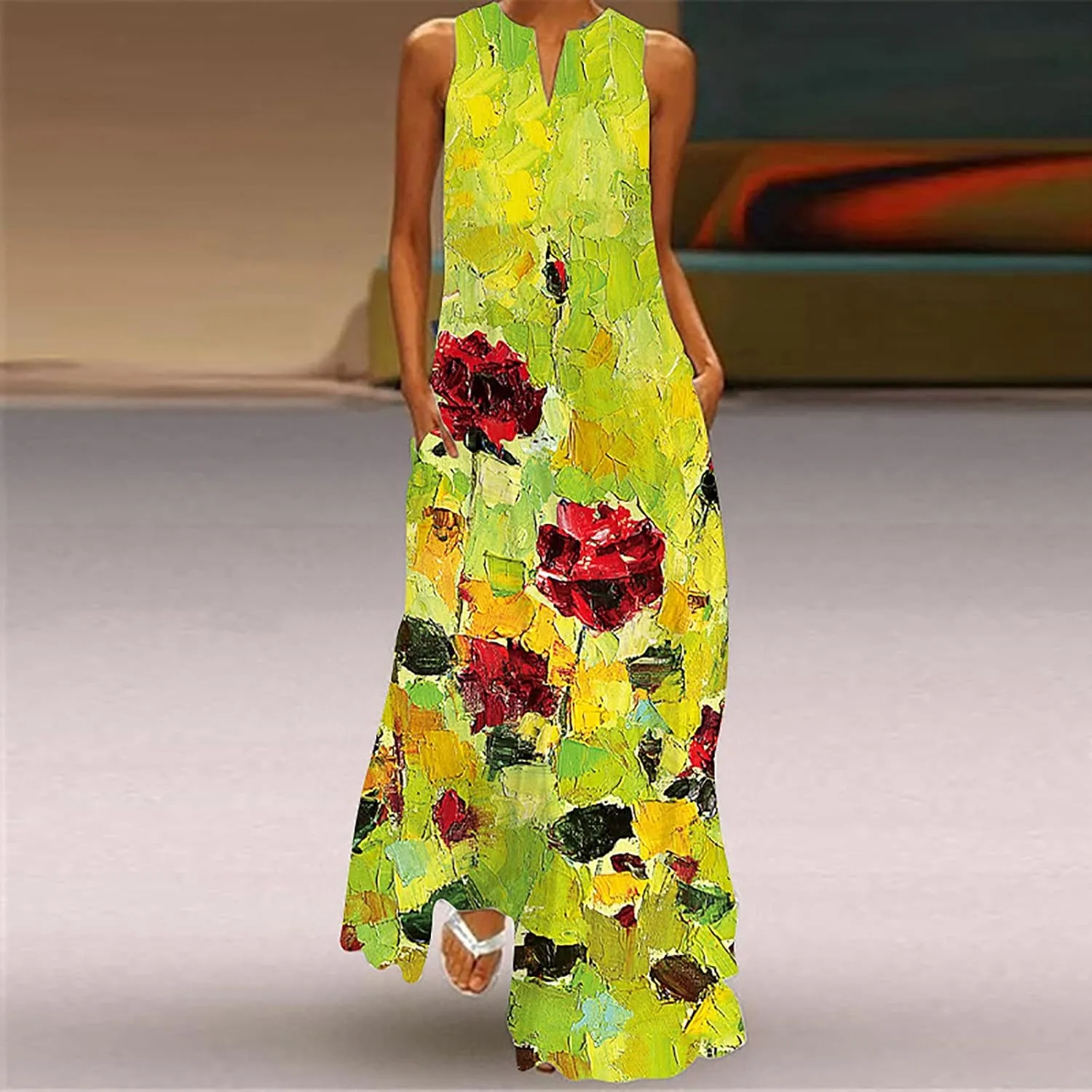 Maxi Dress for Women Boho Floral Print Sleeveless Dresses Summer Casual Bohemian V Neck Elegant Dress with Pockets