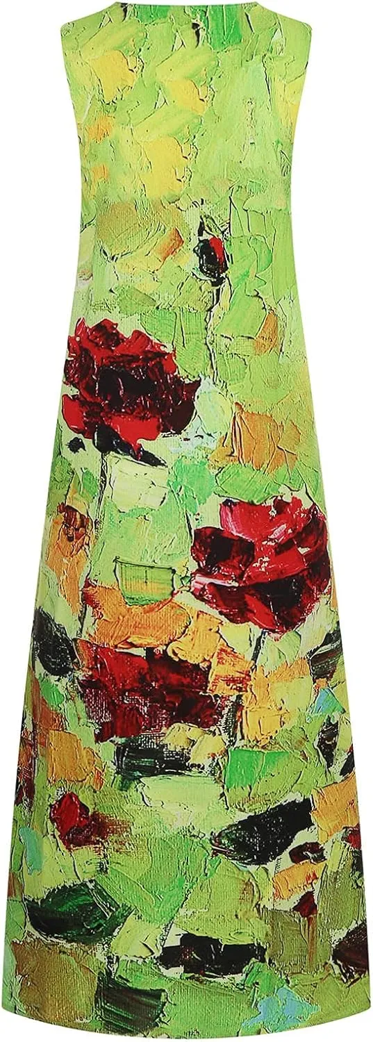 Maxi Dress for Women Boho Floral Print Sleeveless Dresses Summer Casual Bohemian V Neck Elegant Dress with Pockets