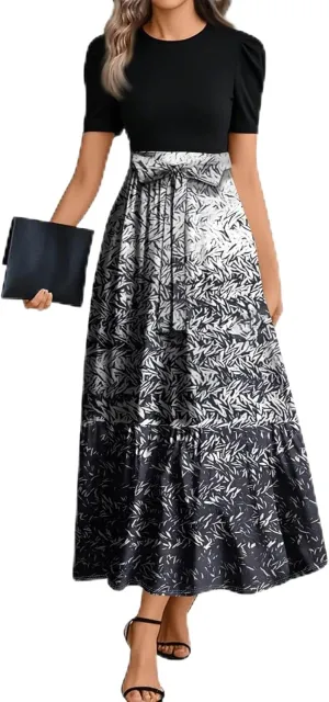 Maxi Dresses for Women 2025 Belted Short Sleeve Round Neck Geometric Splicing Elegant Flowy High Waist Summer Dress