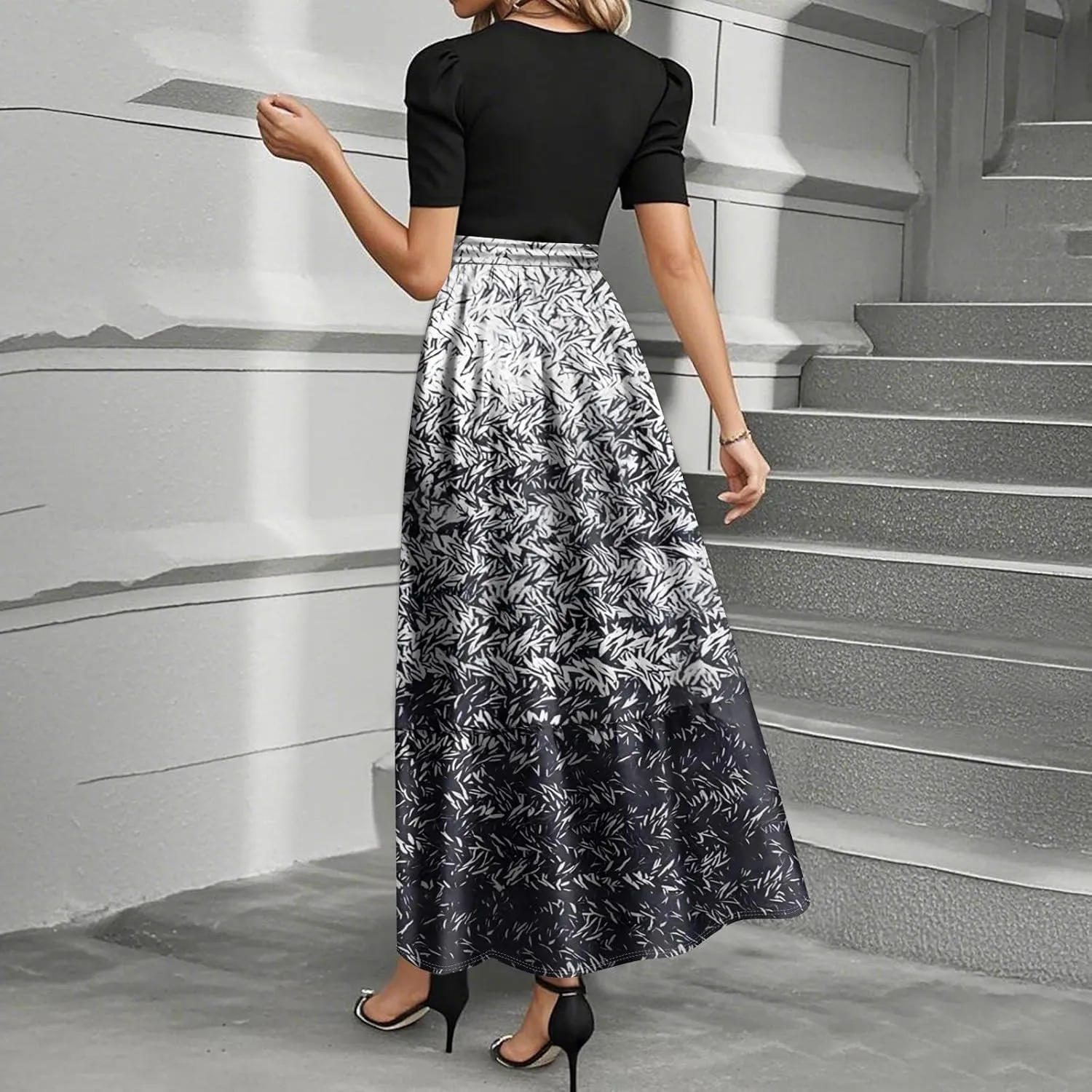 Maxi Dresses for Women 2025 Belted Short Sleeve Round Neck Geometric Splicing Elegant Flowy High Waist Summer Dress