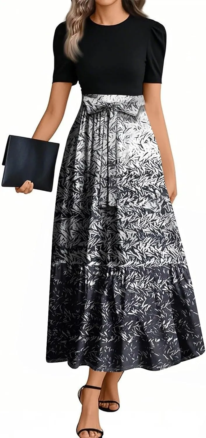 Maxi Dresses for Women 2025 Belted Short Sleeve Round Neck Geometric Splicing Elegant Flowy High Waist Summer Dress