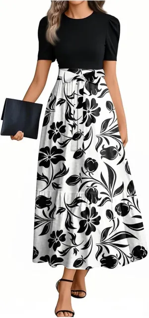 Maxi Dresses for Women 2025 Summer Tie Empire Waist Teacher Dress Casual Elegant Patchwork Flowy Ruffle Floral Dress