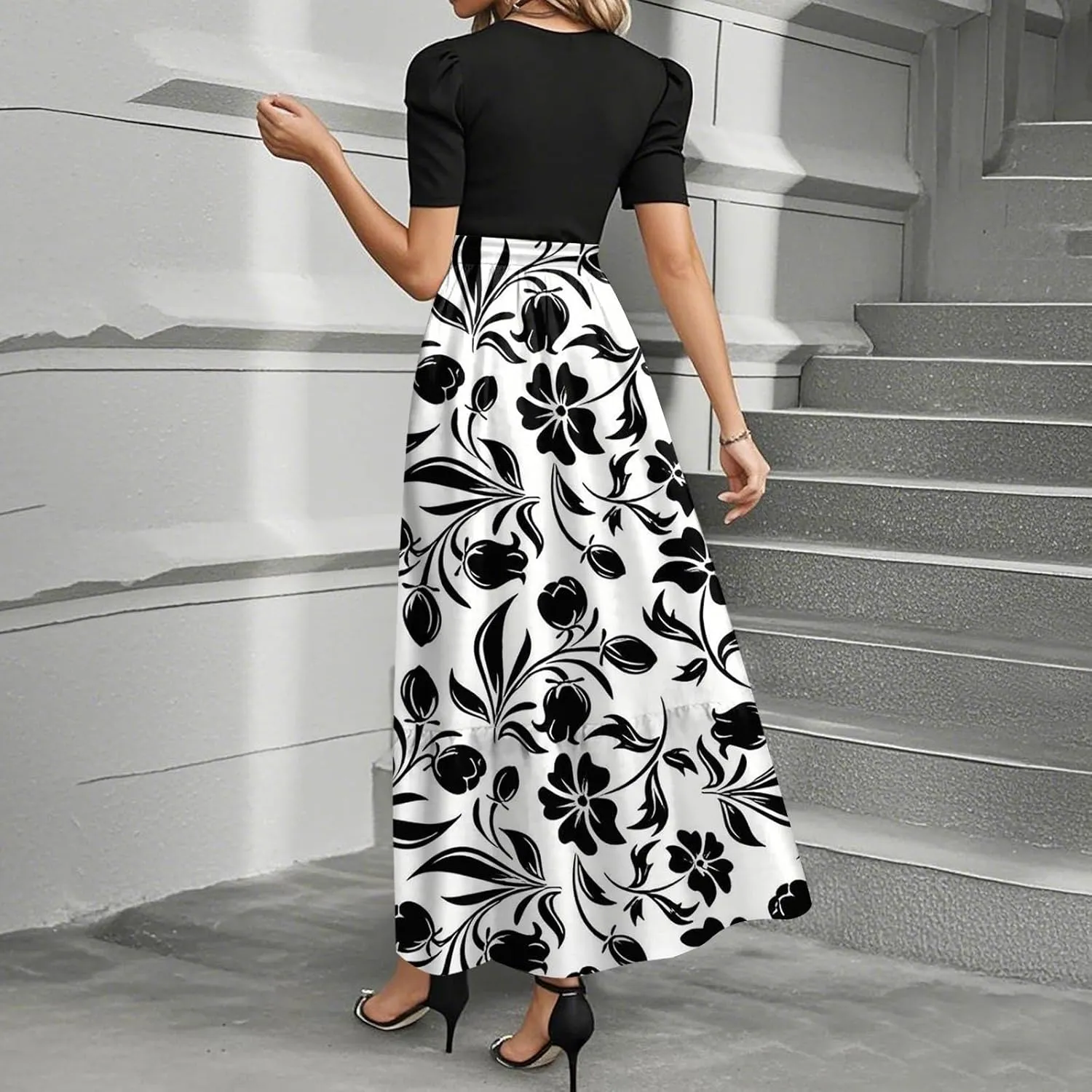 Maxi Dresses for Women 2025 Summer Tie Empire Waist Teacher Dress Casual Elegant Patchwork Flowy Ruffle Floral Dress