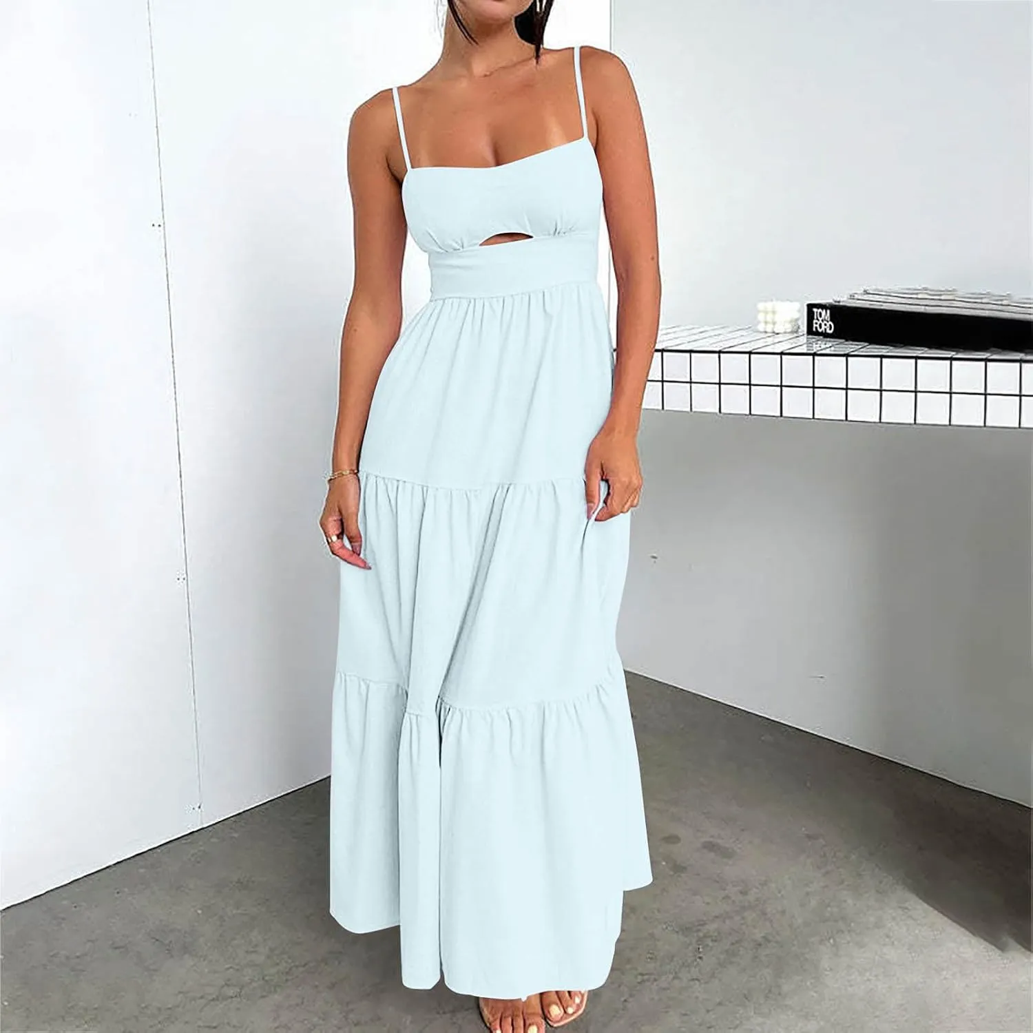 Maxi Dresses for Women Front Cutout Straps Elegant Wrap Dress Square Neck Sleeveless Flowy Ruffle Tiered Sun Dress