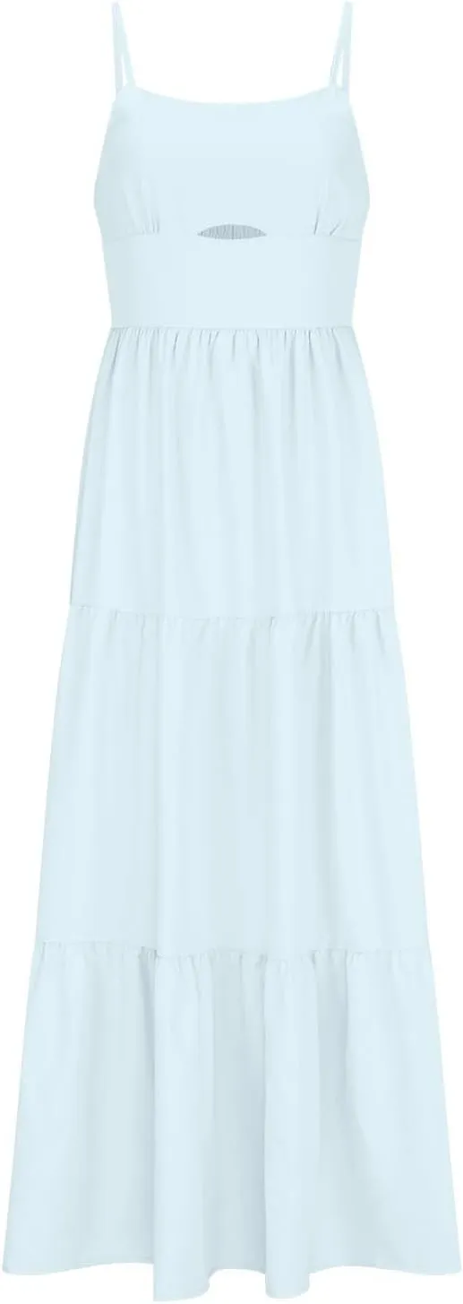 Maxi Dresses for Women Front Cutout Straps Elegant Wrap Dress Square Neck Sleeveless Flowy Ruffle Tiered Sun Dress