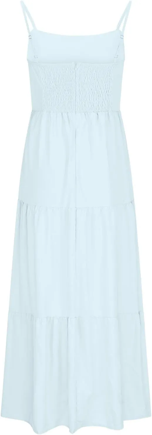 Maxi Dresses for Women Front Cutout Straps Elegant Wrap Dress Square Neck Sleeveless Flowy Ruffle Tiered Sun Dress