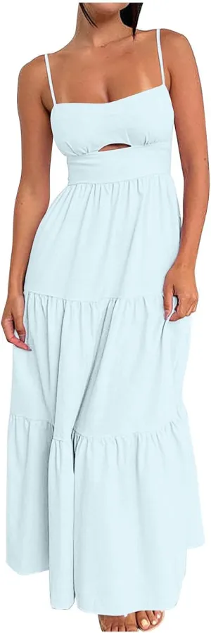 Maxi Dresses for Women Front Cutout Straps Elegant Wrap Dress Square Neck Sleeveless Flowy Ruffle Tiered Sun Dress