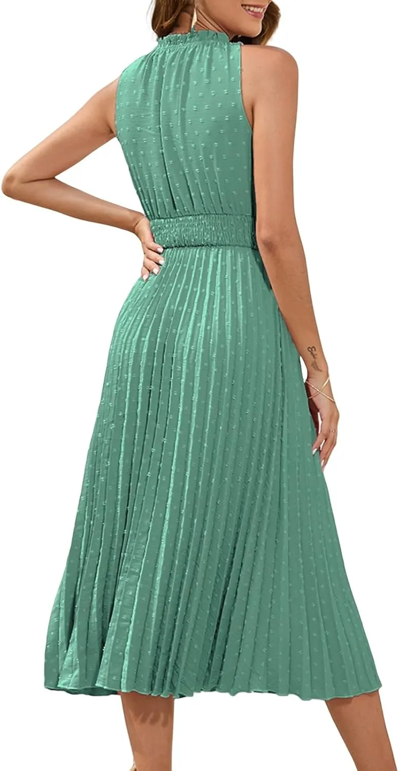 Maxi Dresses for Women Halter Neck Swiss Dot Ruffle Sleeveless Dresses A Line Flowy Beach Vacation Long Dress