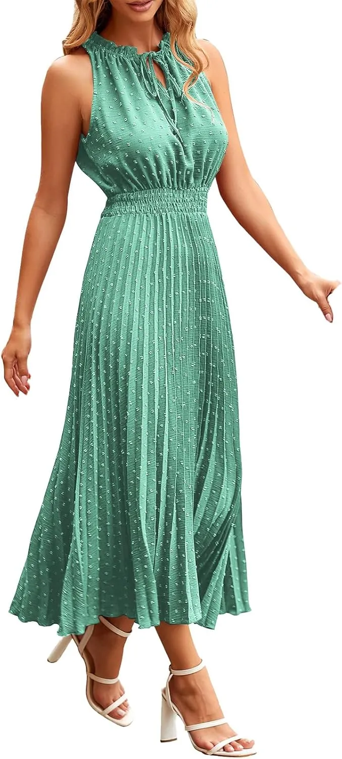 Maxi Dresses for Women Halter Neck Swiss Dot Ruffle Sleeveless Dresses A Line Flowy Beach Vacation Long Dress