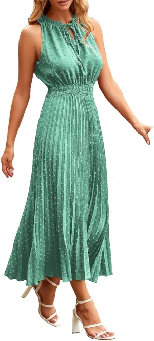 Maxi Dresses for Women Halter Neck Swiss Dot Ruffle Sleeveless Dresses A Line Flowy Beach Vacation Long Dress