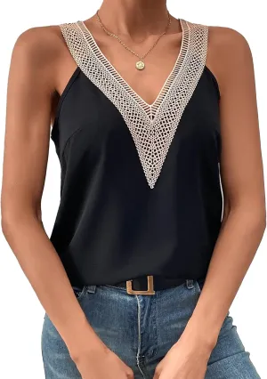 Maysoar Satin Tank Tops Womens Silk Camisole Shirt Lace Spaghetti Strap V Neck Tops Sleeveless SummerTee