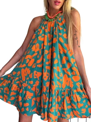 Melliflo Women Leopard Print Mini Dresses Ruffle Sleeveless Lace Up Halter Sun Dresses Casual Summer Dress 2025