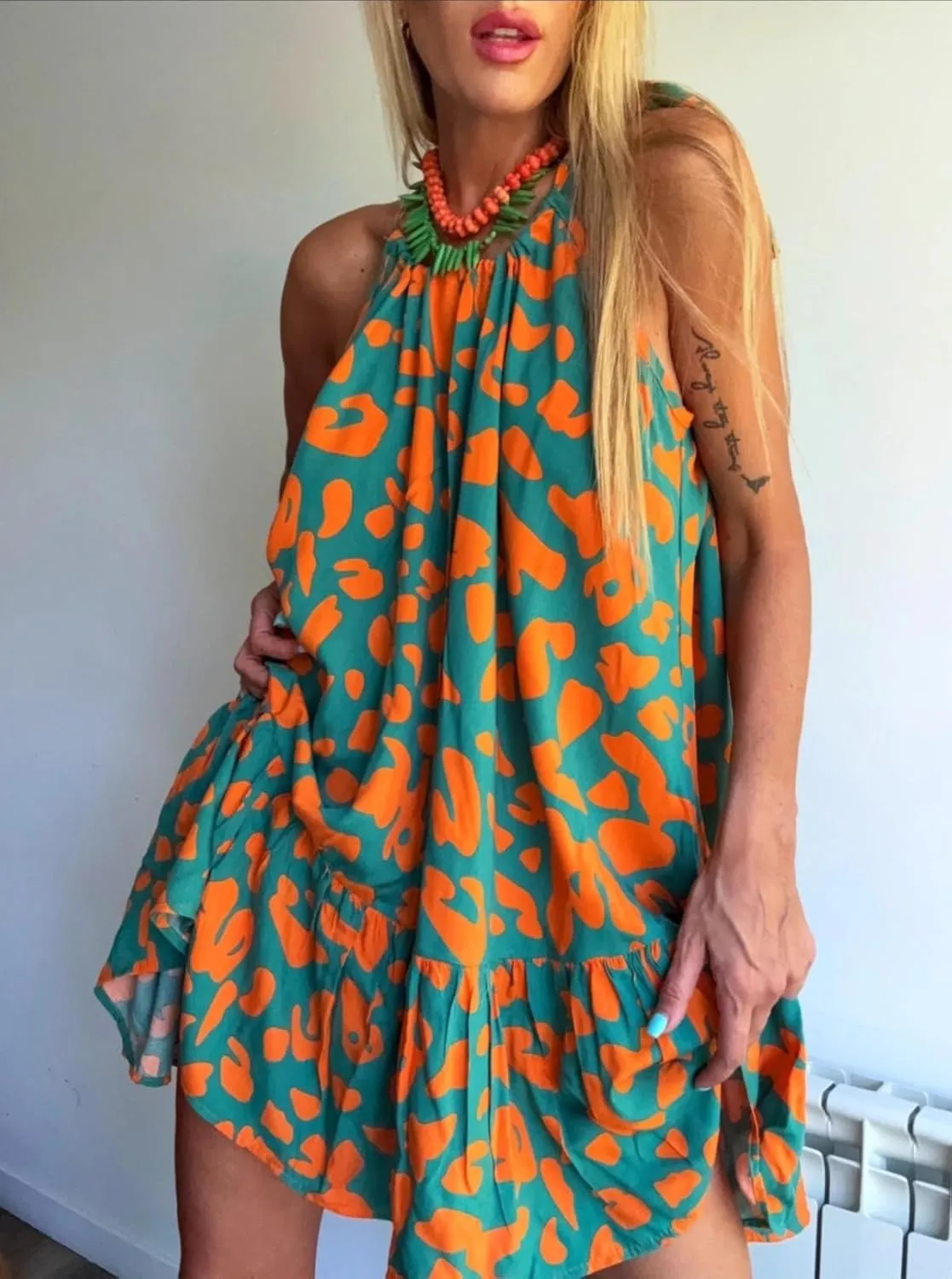 Melliflo Women Leopard Print Mini Dresses Ruffle Sleeveless Lace Up Halter Sun Dresses Casual Summer Dress 2025