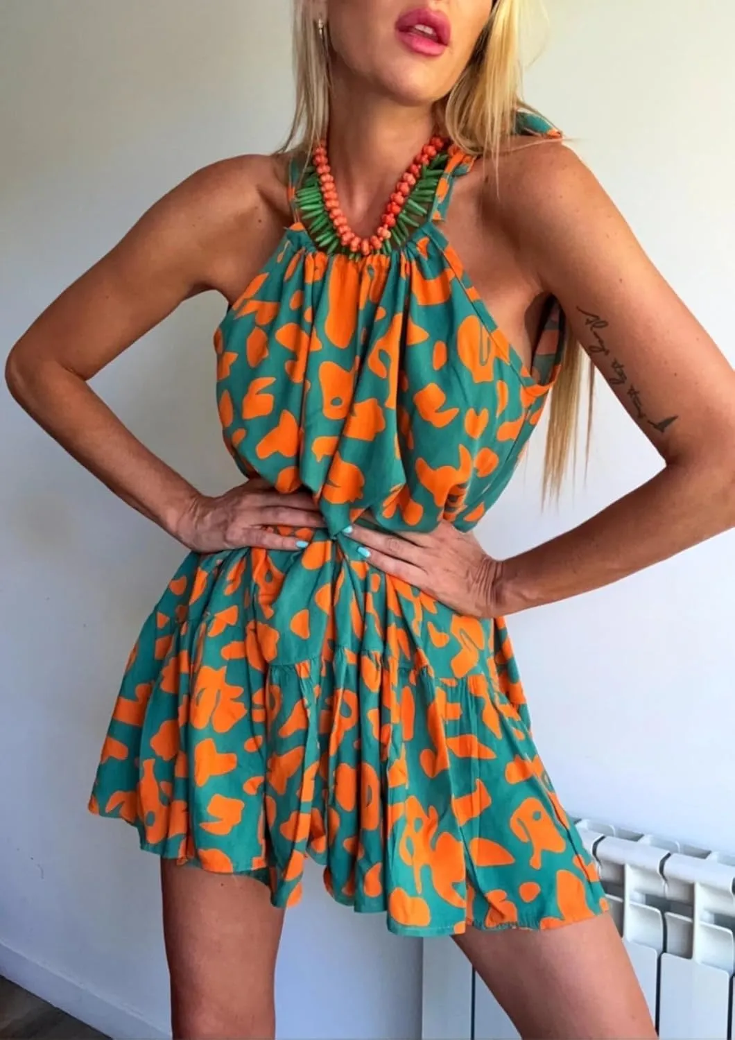 Melliflo Women Leopard Print Mini Dresses Ruffle Sleeveless Lace Up Halter Sun Dresses Casual Summer Dress 2025