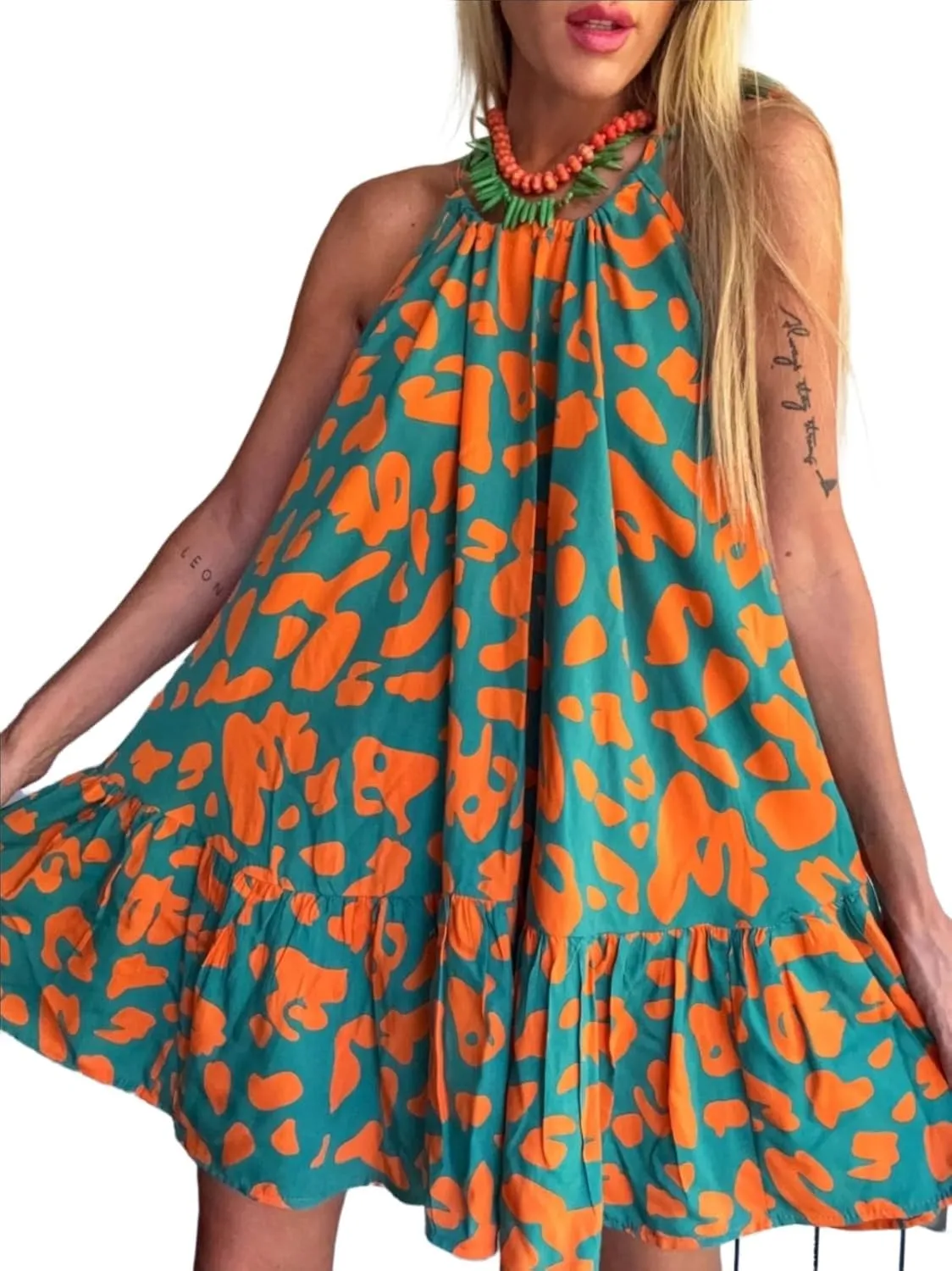 Melliflo Women Leopard Print Mini Dresses Ruffle Sleeveless Lace Up Halter Sun Dresses Casual Summer Dress 2025