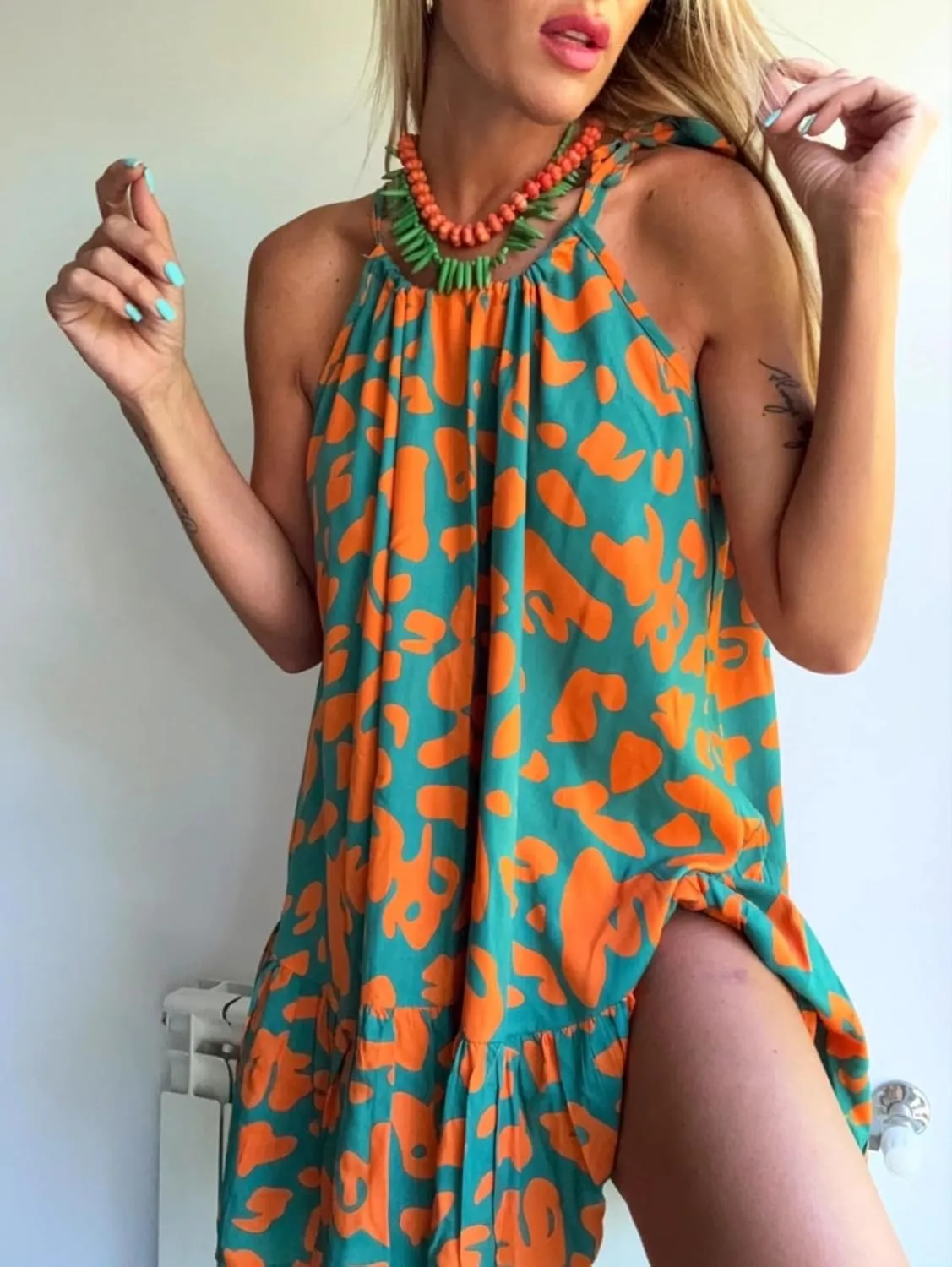 Melliflo Women Leopard Print Mini Dresses Ruffle Sleeveless Lace Up Halter Sun Dresses Casual Summer Dress 2025