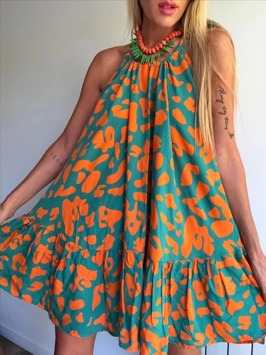 Melliflo Women Leopard Print Mini Dresses Ruffle Sleeveless Lace Up Halter Sun Dresses Casual Summer Dress 2025