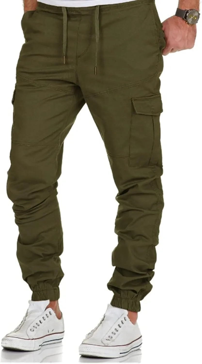 Men' S Leisure Relaxed Fit Pants Joggers Hiking Cargo Pants Solid Multi-Pocket Trousers Overalls Gym Sweatpants