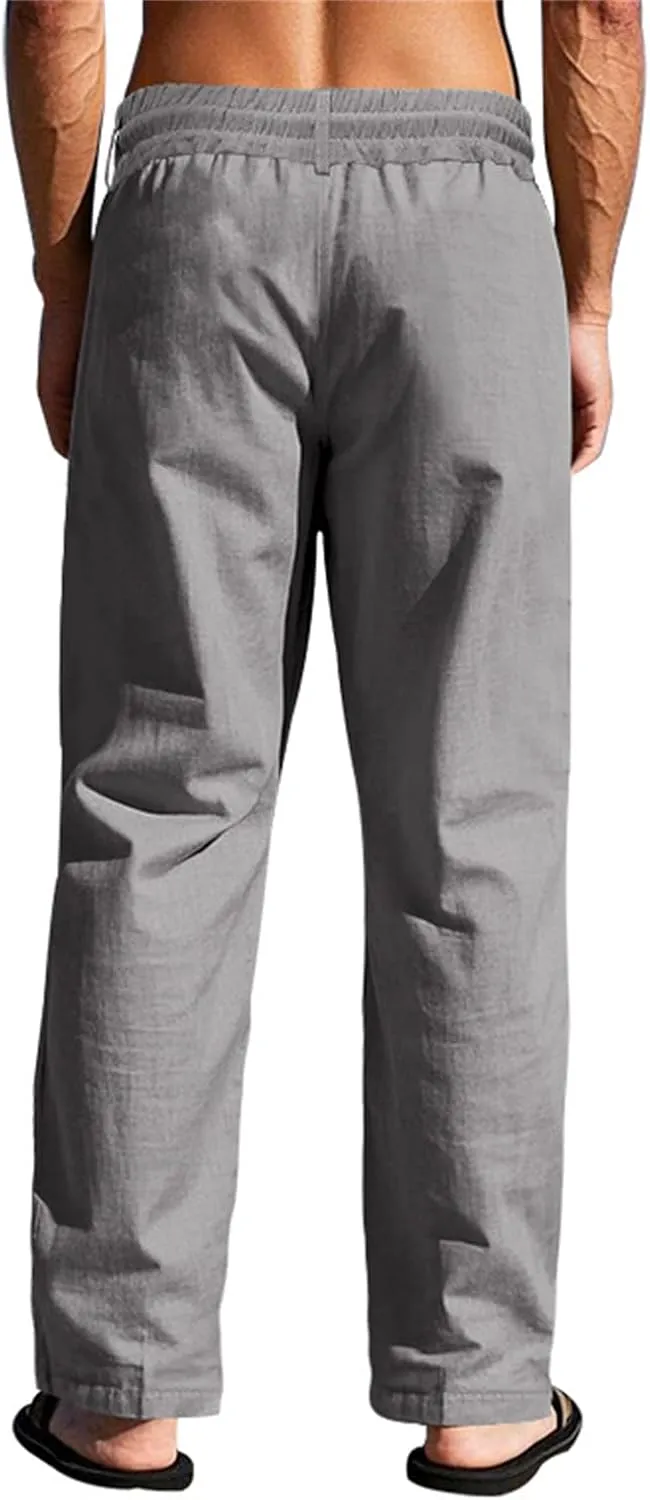 Men's Casual Linen Pants Relaxed Drawstring Thin Trousers Breathable Open Bottom Pants Stylish Simple Baggy Trousers