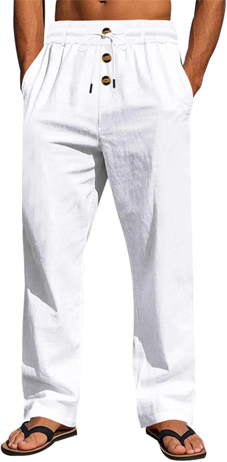 Men's Casual Linen Pants Relaxed Drawstring Thin Trousers Breathable Open Bottom Pants Stylish Simple Baggy Trousers