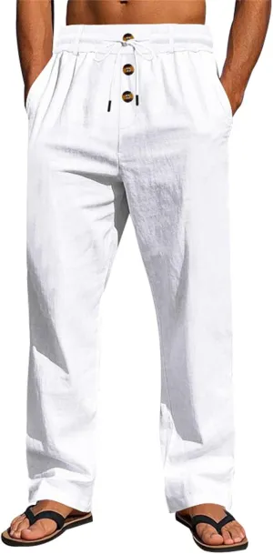 Men's Casual Linen Pants Relaxed Drawstring Thin Trousers Breathable Open Bottom Pants Stylish Simple Baggy Trousers