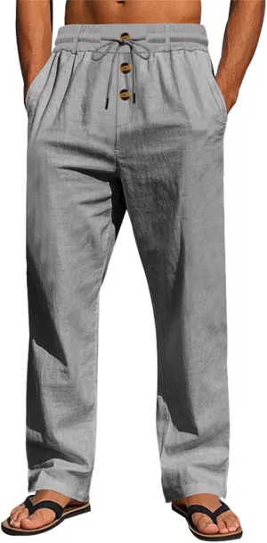 Men's Casual Linen Pants Relaxed Drawstring Thin Trousers Breathable Open Bottom Pants Stylish Simple Baggy Trousers