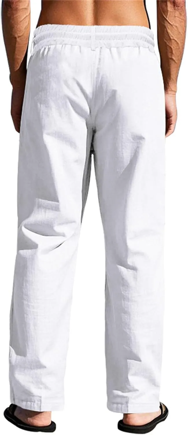 Men's Casual Linen Pants Relaxed Drawstring Thin Trousers Breathable Open Bottom Pants Stylish Simple Baggy Trousers