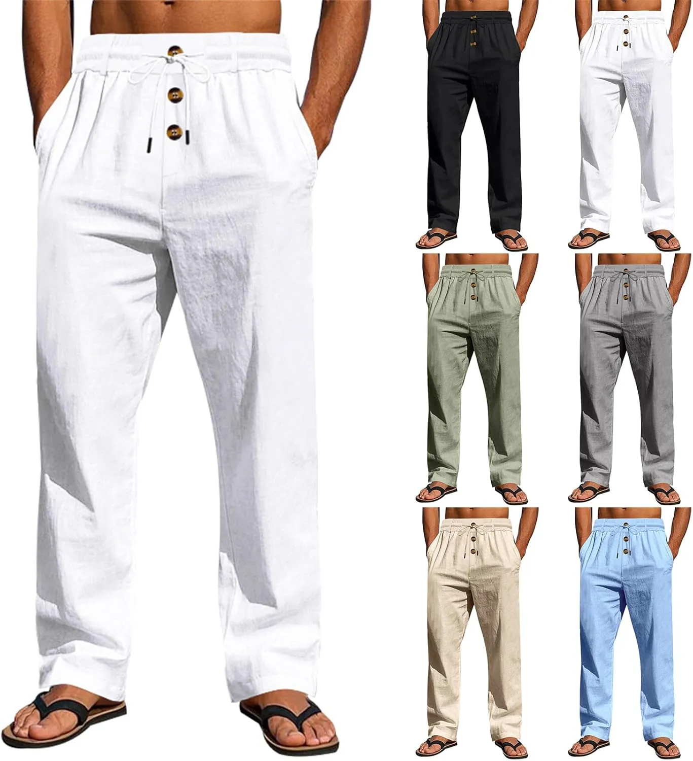 Men's Casual Linen Pants Relaxed Drawstring Thin Trousers Breathable Open Bottom Pants Stylish Simple Baggy Trousers