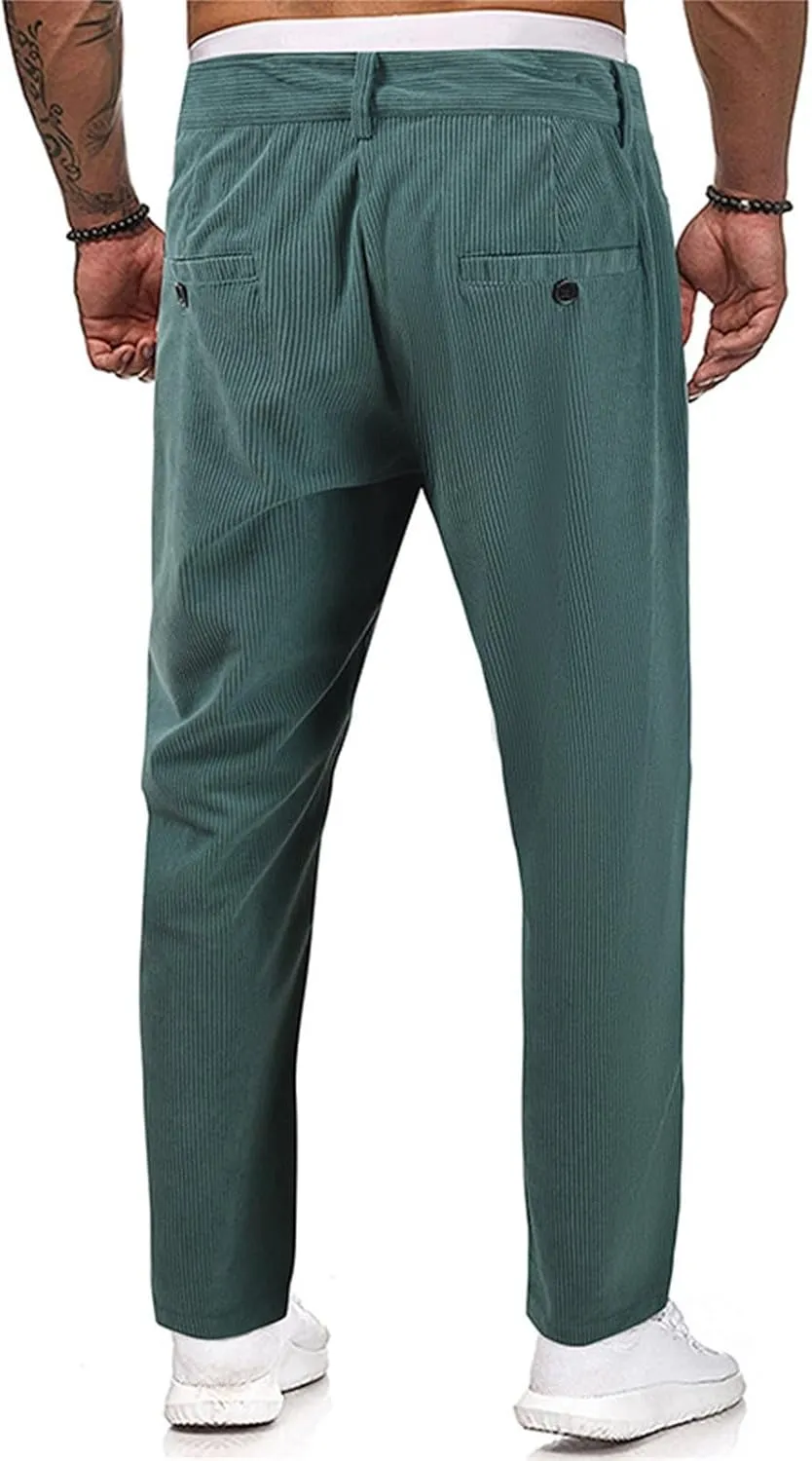 Mens Corduroy Dress Pants Straight Leg Flat Front Casual Chino Pants Fashion Low Rise Relaxed Fit Slacks with Pockets