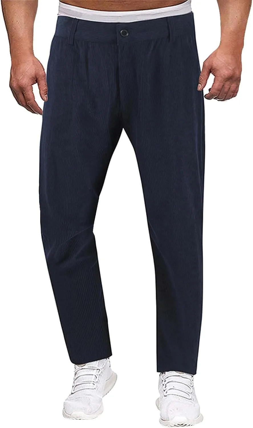Mens Corduroy Dress Pants Straight Leg Flat Front Casual Chino Pants Fashion Low Rise Relaxed Fit Slacks with Pockets