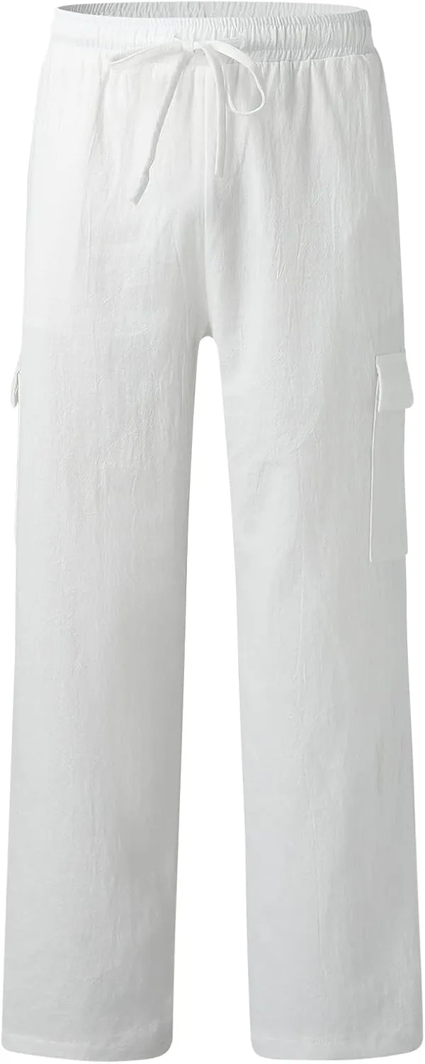 Mens Cotton Linen Cargo Pants Relaxed Fit Casual Baggy Sweatpants with Multi Pockets Fashion Resort Trousers for Men