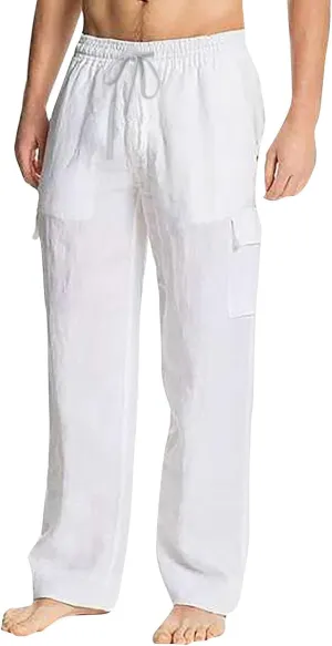 Mens Cotton Linen Cargo Pants Relaxed Fit Casual Baggy Sweatpants with Multi Pockets Fashion Resort Trousers for Men