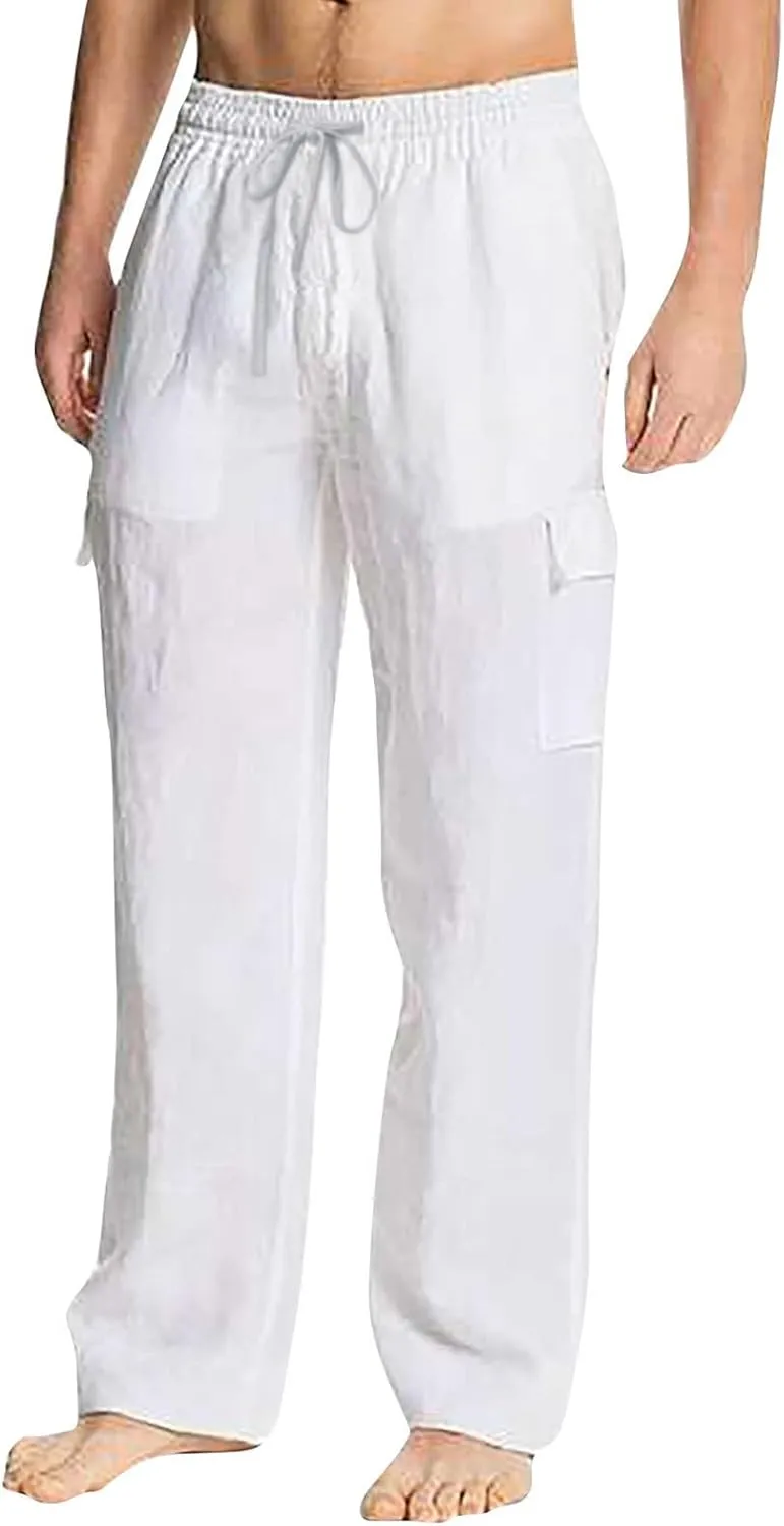 Mens Cotton Linen Cargo Pants Relaxed Fit Casual Baggy Sweatpants with Multi Pockets Fashion Resort Trousers for Men