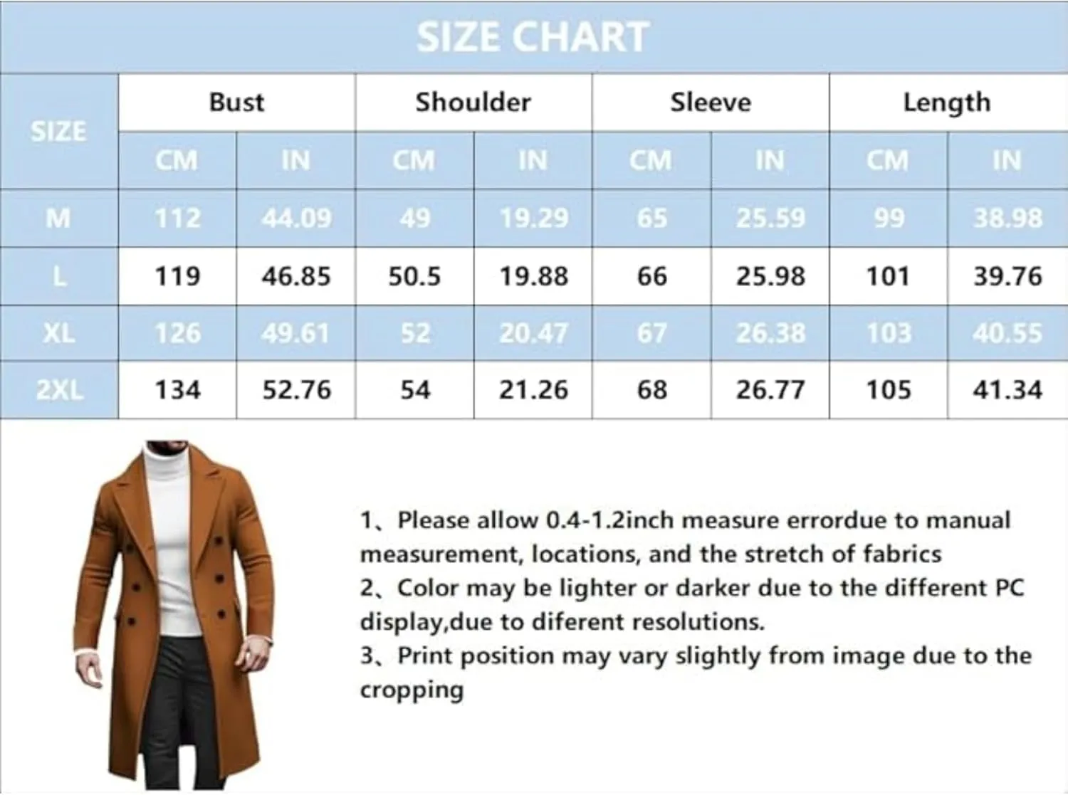 Men's Double Breasted Long Trench Coat Winter Notch Lapel Windbreaker Overcoat Casual Slim Business Pea Jacket