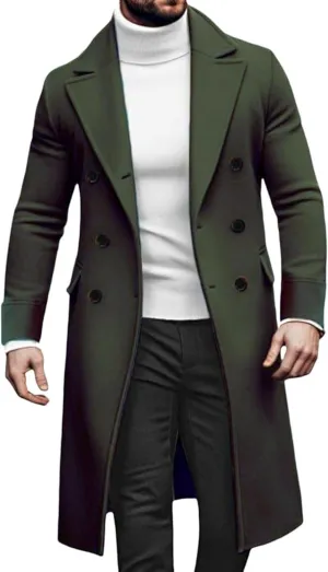 Men's Double Breasted Long Trench Coat Winter Notch Lapel Windbreaker Overcoat Casual Slim Business Pea Jacket