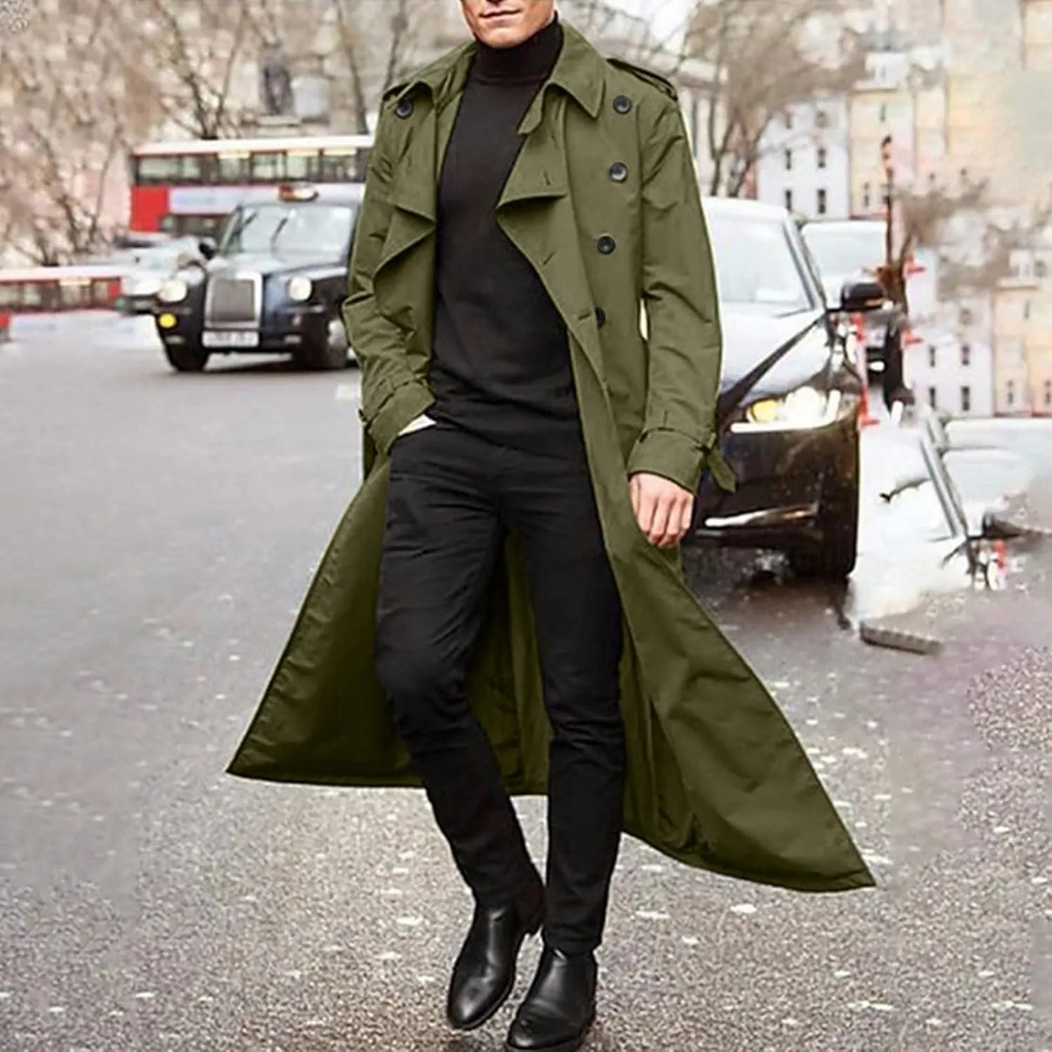 Men's Double Breasted Trench Coat Oversized Casual Windbreaker Lapel Long Jacket Belted Windbreaker Slim Fit Overcoat