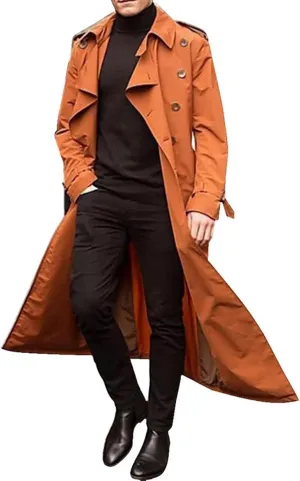 Men's Double Breasted Trench Coat Oversized Casual Windbreaker Lapel Long Jacket Belted Windbreaker Slim Fit Overcoat