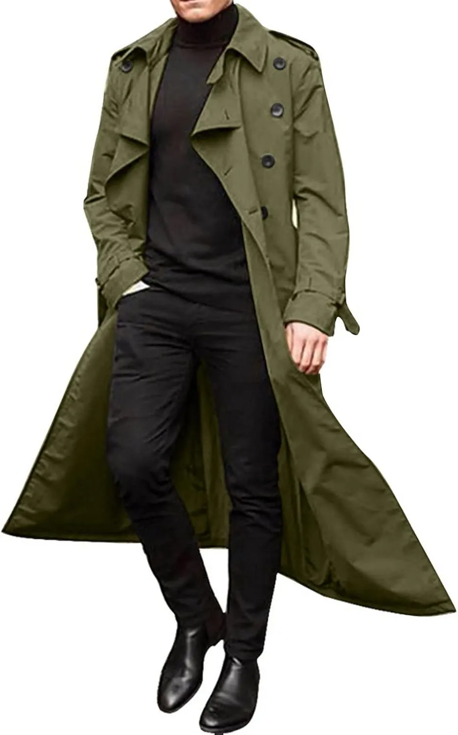 Men's Double Breasted Trench Coat Oversized Casual Windbreaker Lapel Long Jacket Belted Windbreaker Slim Fit Overcoat
