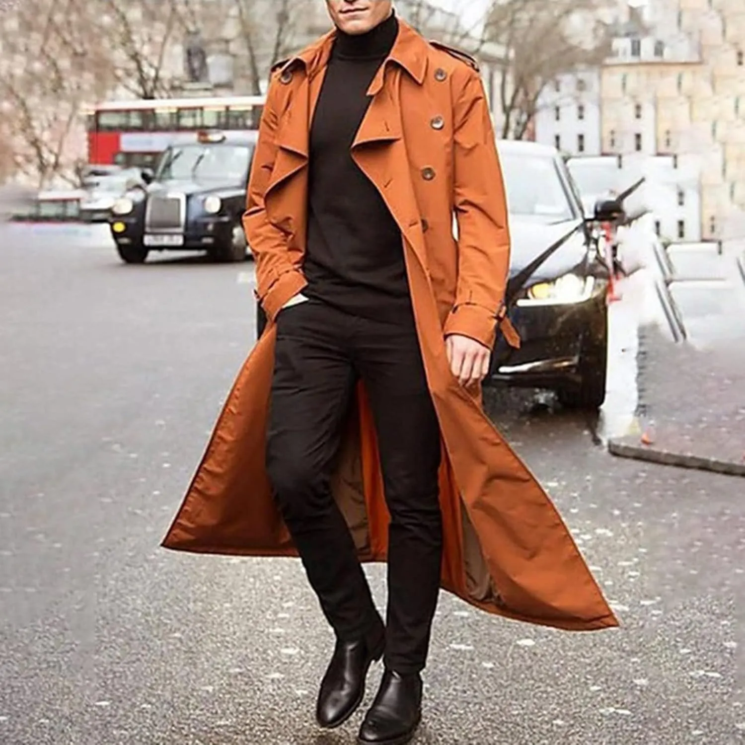 Men's Double Breasted Trench Coat Oversized Casual Windbreaker Lapel Long Jacket Belted Windbreaker Slim Fit Overcoat