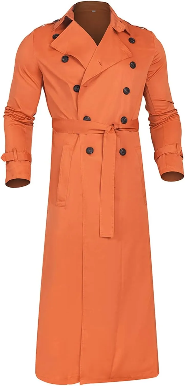 Men's Double Breasted Trench Coat Oversized Casual Windbreaker Lapel Long Jacket Belted Windbreaker Slim Fit Overcoat