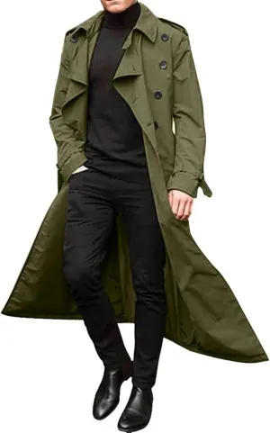 Men's Double Breasted Trench Coat Oversized Casual Windbreaker Lapel Long Jacket Belted Windbreaker Slim Fit Overcoat