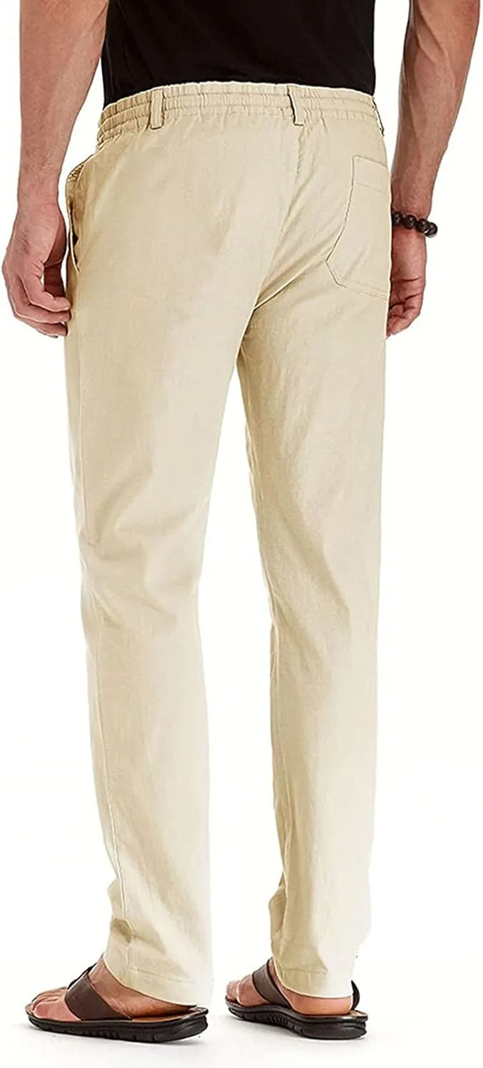 Mens Linen Pants Casual Loose Fit Straight Leg Trousers Lightweight Comfy Pants with Pockets Relaxed Work Suit Pants