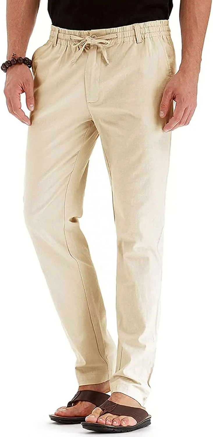 Mens Linen Pants Casual Loose Fit Straight Leg Trousers Lightweight Comfy Pants with Pockets Relaxed Work Suit Pants
