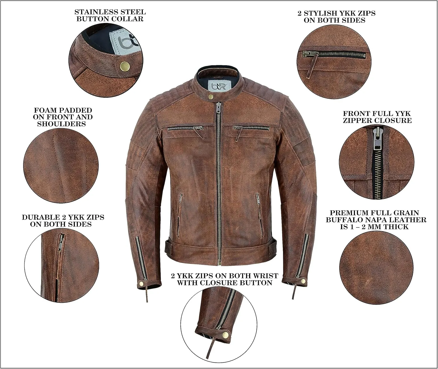 Men's Motorbike Premium Quality Leather Jacket Distress Zip Up Motorcycle Protection