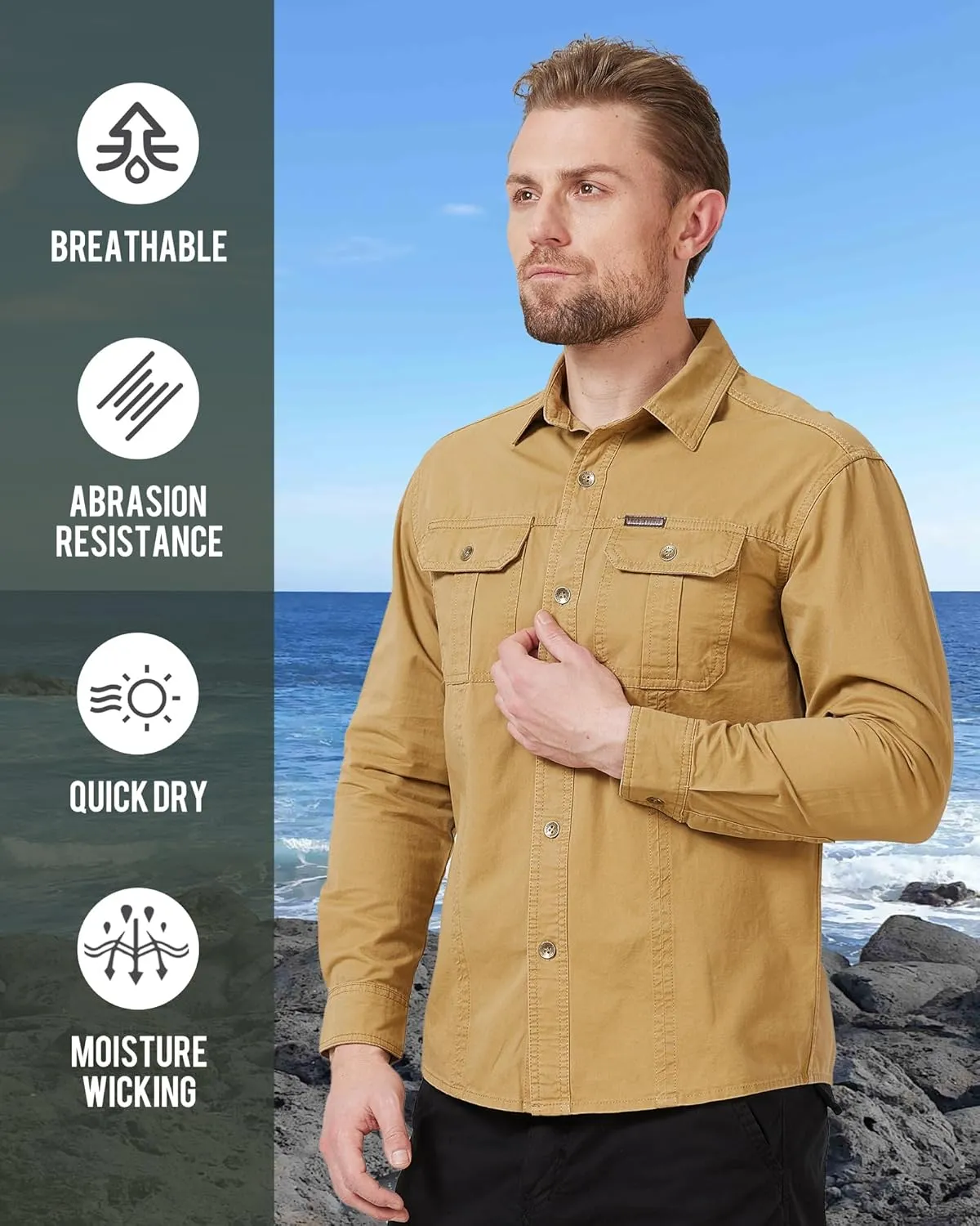 Mens Outdoor Long Sleeve Shirt - Lightweight, Breathable, Quick-Dry, UV Protection