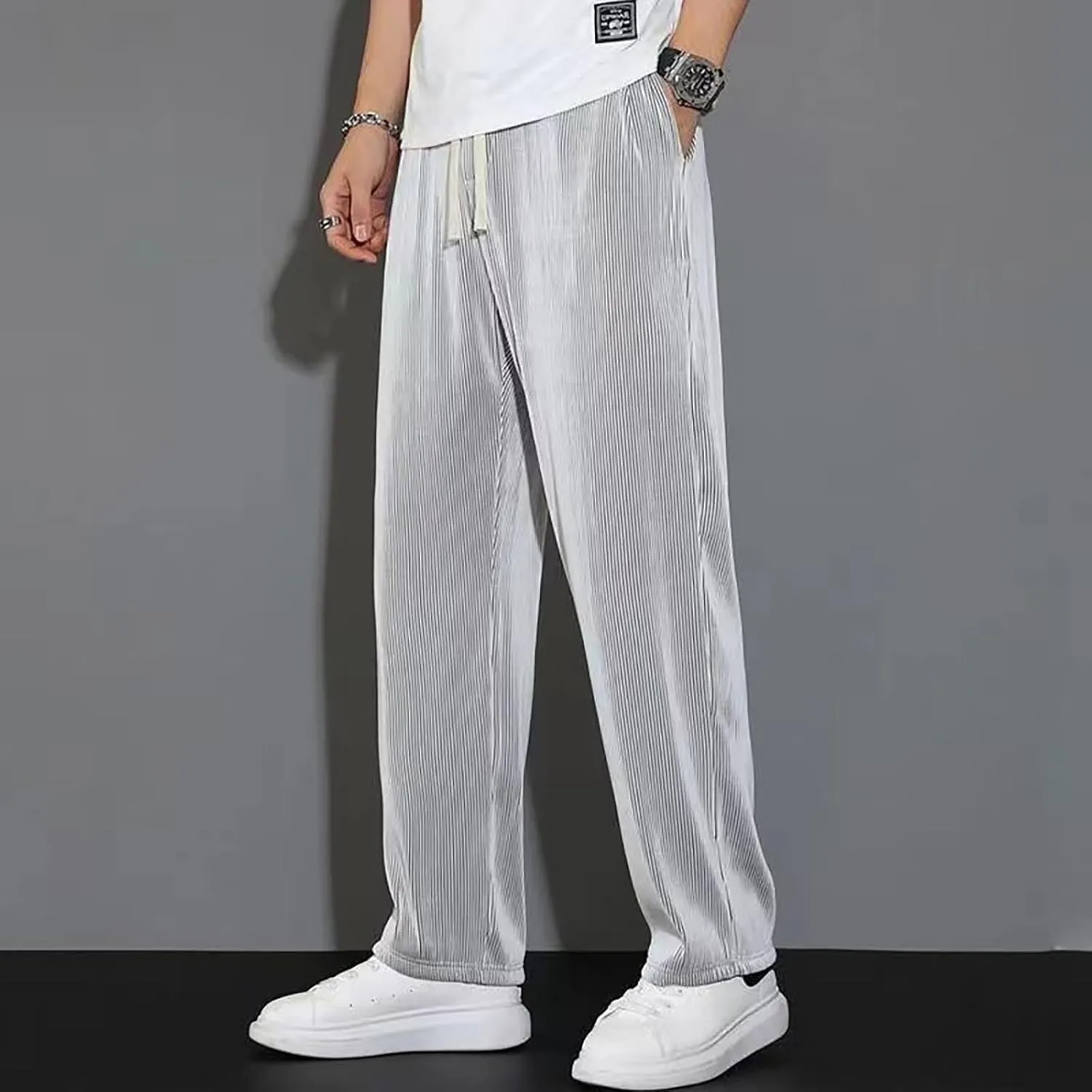 Mens Pants Casual Relaxed Fit Stretch Active Pants Loose Ice Silk Breathable Casual Comfy Pant Trousers with Pockets