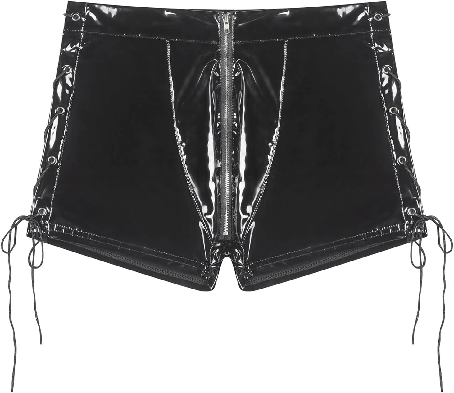 Mens Shiny Leather Zipper Crotch Shorts Boxer Briefs Side Lace Up Underwear PVC Bulge Pouch Trunks Panties